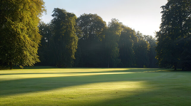 golf. Ancient golf course green glowing in morning light, manicured grass surface. event key visuals, club posters, designed for fitness apps and gym onboarding, used by fitness trainers.

