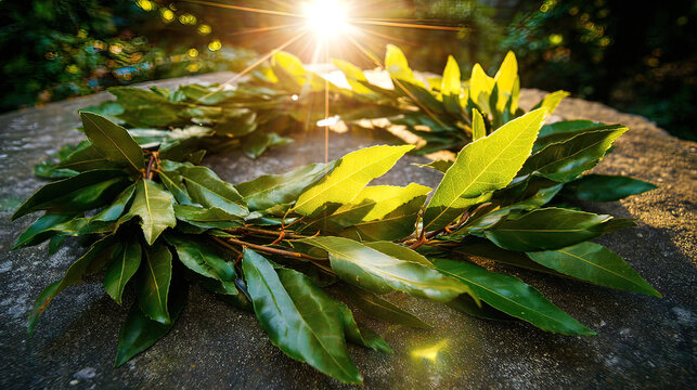 laurel. Woven laurel wreath of fresh bay leaves in sunlight, classical victory symbol. event programs, museum guides, designed for cultural heritage projects and event programs.
