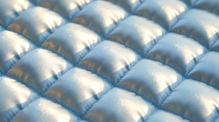 Fototapeta premium Light Blue Quilted Fabric Texture Background | Puffy Satin Material with Geometric Padding | Abstract Down Jacket Insulation Surface | Soft Pastel Blue Upholstery Pattern | Luxurious Shiny Textile