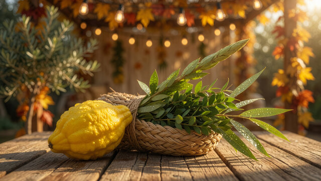 Etrog and lulav on wooden table for Sukkot holiday