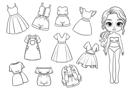 Cute paper doll coloring page with outfits. Chibi fashion girl dress up game outline sheet for kids craft, preschool activities and coloring book.
