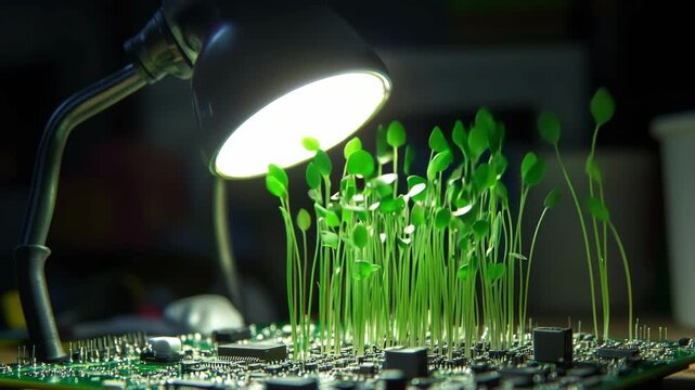 Desk lamp shining over green sprout growing from an electronic circuit board, sustainable technology, green innovation, eco energy concept.