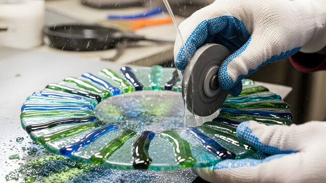 Artisan grinding colorful glass dish with water, close-up on hands and tool