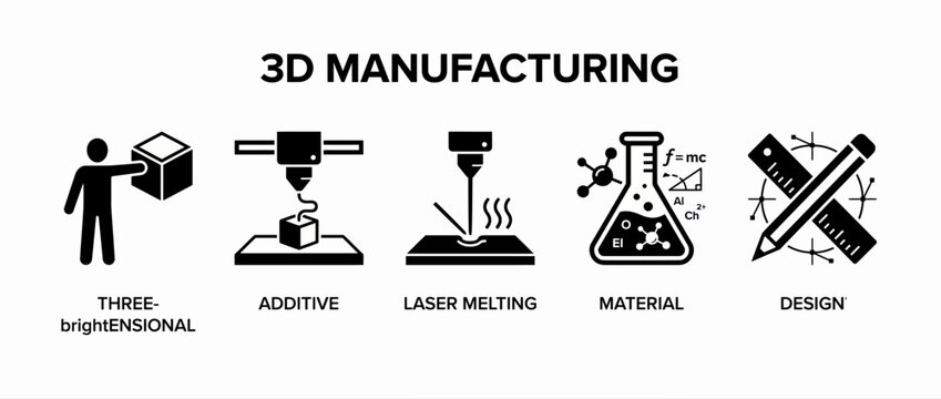 3D manufacturing icon set, additive laser melting symbols, industrial design vector art