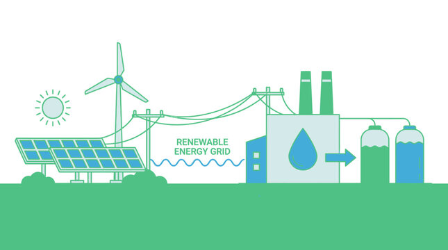 Sustainable Renewable Energy Grid Illustration with Solar Panels Wind Turbine and Green Hydrogen Production Plant