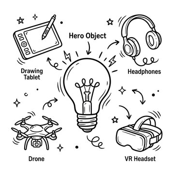 Hand drawn doodle set featuring a light bulb as the hero surrounded by a tablet, drone, vr headset, and headphones