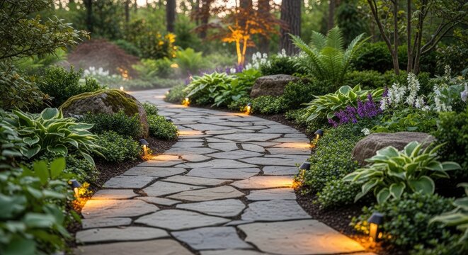 Illuminated flagstone garden path surrounded by lush plants.
