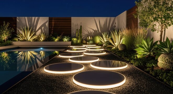 Illuminated circular path in night backyard garden.