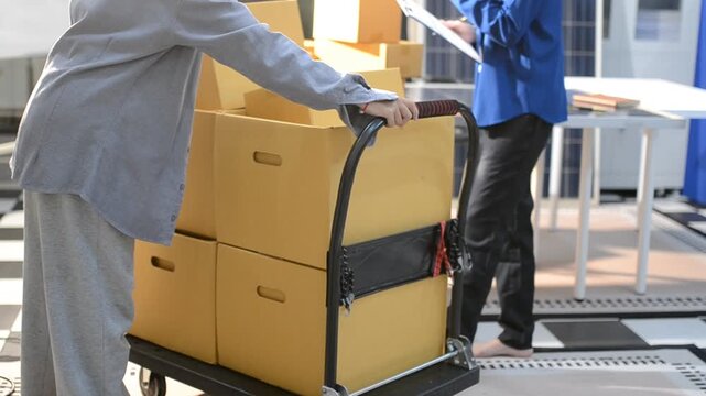 Outside of Logistics Warehouse with Open Door, Delivery Van Loaded with Cardboard Boxes. Truck Delivering Online Orders, Purchases, E-Commerce Goods, Wholesale Merchandise.