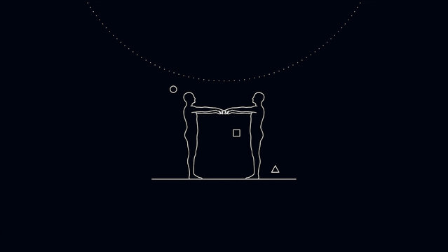 Two human silhouettes touching hands with geometric shapes isolated on a transparent background
