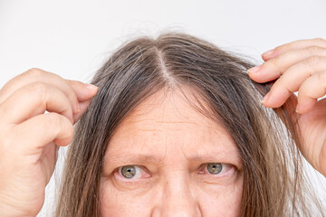 Fototapeta premium Mature woman touching her gray hair, examines silver strands, deep in thought, aging process, menopause time, emotional reflection, quiet acceptance