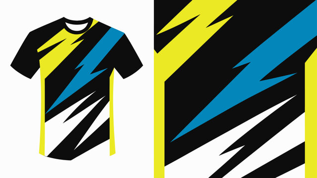 Vibrant geometric athletic jersey with bold yellow, blue, black and white zigzag patterns on a modern sportswear design.