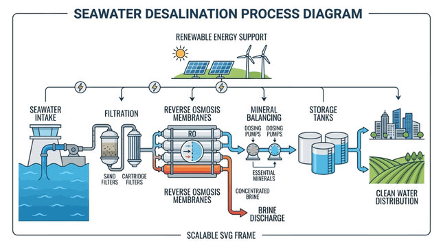 Industrial water purification system converting salt water to potable liquid using osmosis and renewable energy for sustainable cities and farms