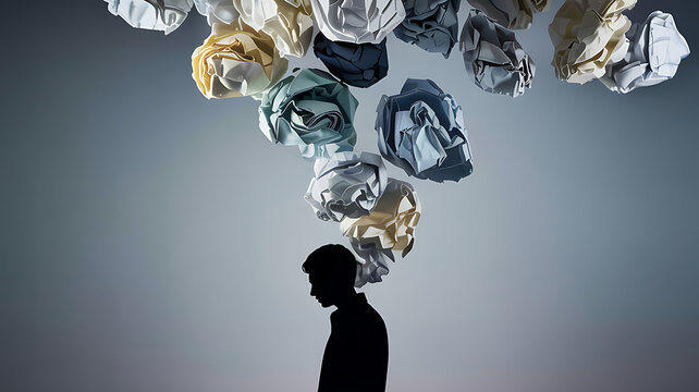 Weight of Failure: A silhouette of a person standing dejectedly beneath a cascade of crumpled papers, symbolizing the heavy burden of mistakes and unfulfilled ideas.