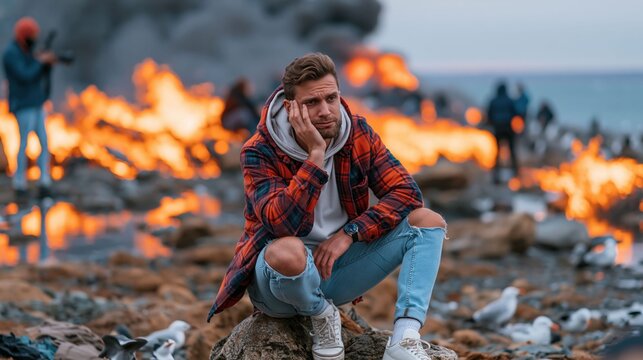 man rests on a rock by water while smoke and flames rise behind him. People are seen in distance, capturing scene on their devices. sky is cloudy