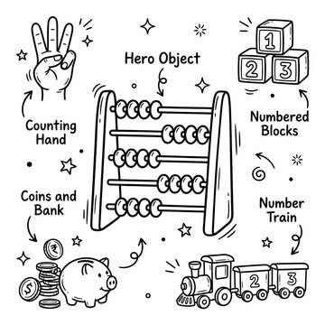 Hand-drawn math and savings doodle set featuring an abacus, counting hand, numbered blocks, piggy bank, coins, and toy train
