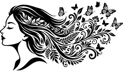 Fototapeta premium Elegant Woman Face with Flowing Floral Hair, Butterflies and Decorative Black Silhouette Vector Collection