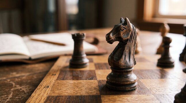 Black knight chess piece on a wooden board with a notebook in the background.