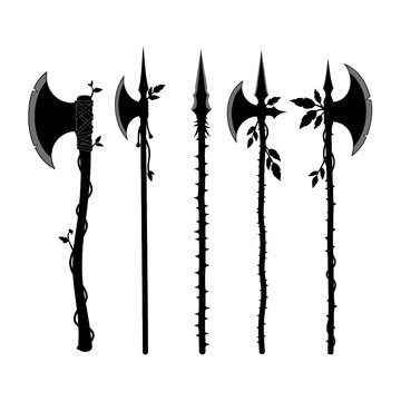 Set of medieval weapon silhouettes including polearms and hatchet vector with thorny vines