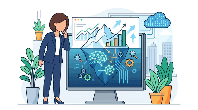 Flat vector illustration of a faceless businesswoman analyzing a monitor with an iceberg metaphor showing data charts above water and a complex AI neural network brain with gears below.