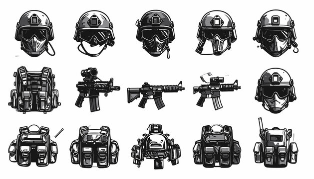 Military helmets and combat gear.