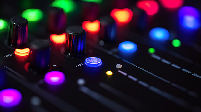 producer. Sleek music mixer with glowing controls under atmospheric club lighting and vibrant color accents. product launch decks.
