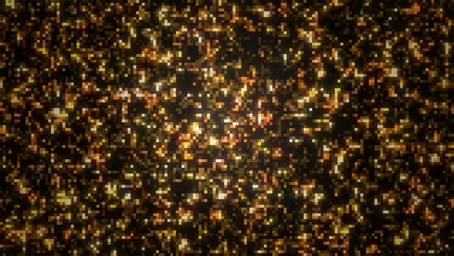Gold glowing LED dot mosaic background with square pixels, sparkling digital lights 4K