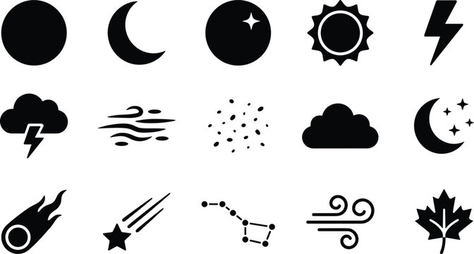 Set of black weather and space icons including sun moon clouds lightning stars and wind symbols