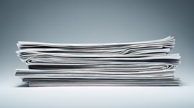 journalism. Artistic stack of newspapers under soft overhead light on a minimalist grey surface. lifestyle magazines, social media lookbooks, designed for influencer and brand collaborations.
