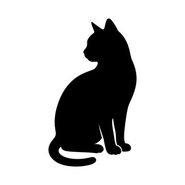 Black cat silhouette, feline icon, pet vector, animal shape isolated on White Background