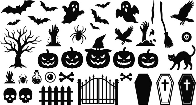 Collection of scary Halloween decoration elements and spooky black silhouettes