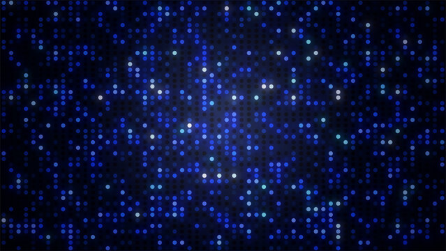 Blue glowing LED dot mosaic background with round dots, sparkling digital lights 4K