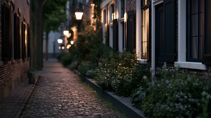 Fototapeta premium A narrow cobblestone alleyway lined with brick buildings and glowing under soft evening light