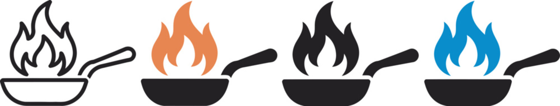 Cooking pan icons with fire flames featuring linear and solid styles for culinary design, restaurant website interfaces, mobile apps, food delivery platforms, kitchen branding, and menu graphics.
