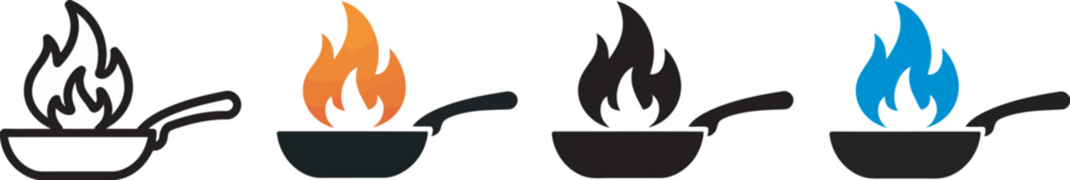 Cooking pan icons with fire flames in outline and solid styles, perfect for restaurant websites, culinary branding, recipe applications, food service businesses, kitchen logos, 