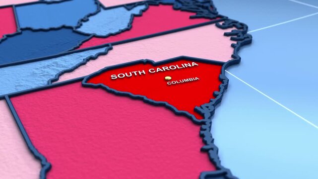 Looped 3D election map animation of the United States zooming into South Carolina state, featuring red, blue, purple and green political outcome variations. 