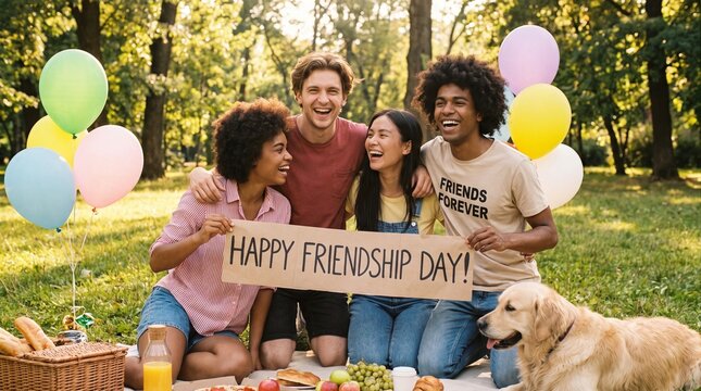 Diverse group of friends holding a sign in a park with balloons and dog