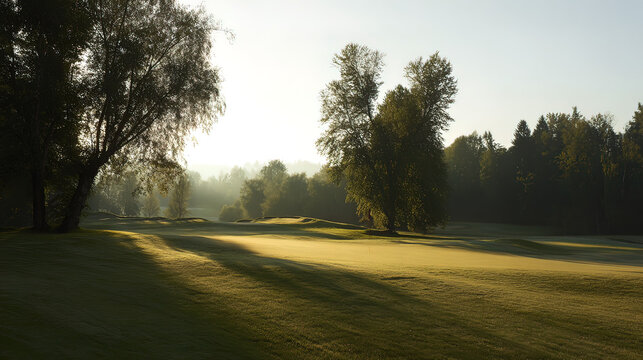 golf. Ancient golf course green glowing in morning light, manicured grass surface. event key visuals, club posters, designed for fitness apps and gym onboarding, used by fitness trainers.
