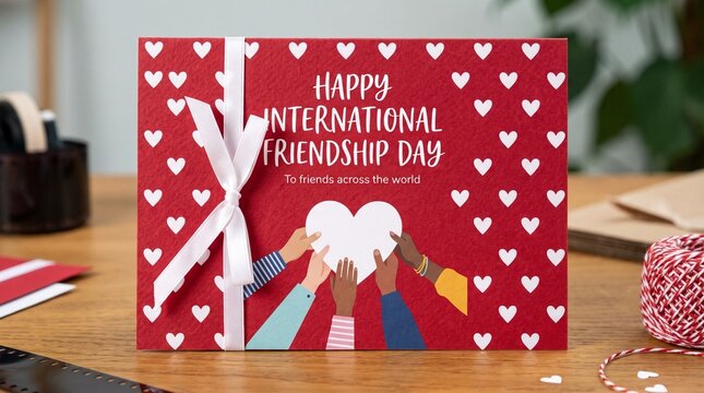 Red Greeting Card with White Hearts and Diverse Hands Illustration for Friendship Day