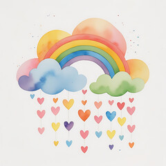Naklejka premium Vibrant rainbow arching between fluffy pastel clouds with a gentle rain of colorful hanging hearts, perfect for cute nursery wall art or children's greeting cards.