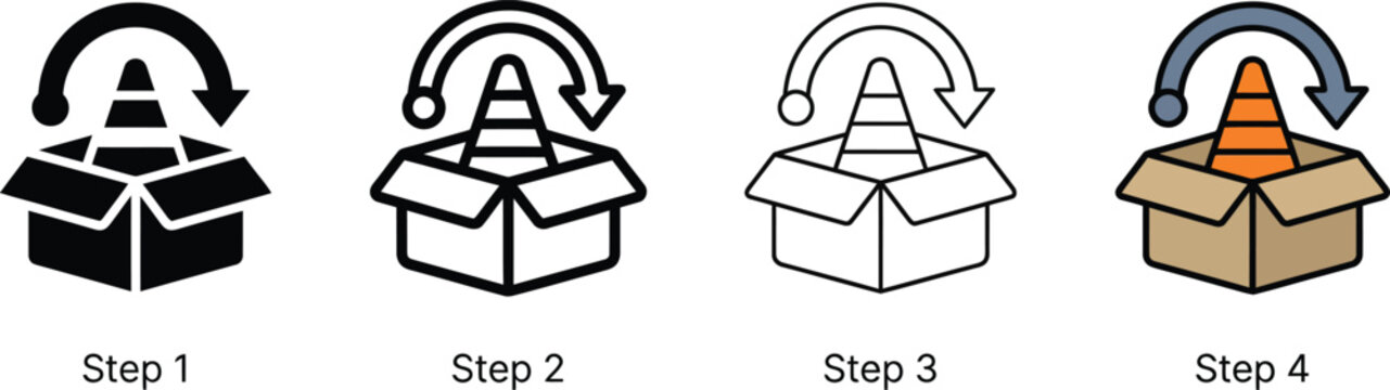Set of four construction cone inside cardboard box icons with rotating arrow