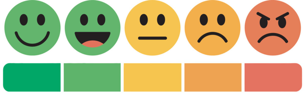 Customer satisfaction rating scale with emoji faces icon set, colorful feedback meter displaying happy, neutral, and sad emoticons for customer reviews, satisfaction analysis, user ratings, 