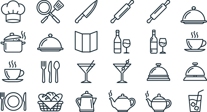 Restaurant and kitchen outline icon collection featuring cookware tableware chef tools beverages and food service symbols vector illustration set