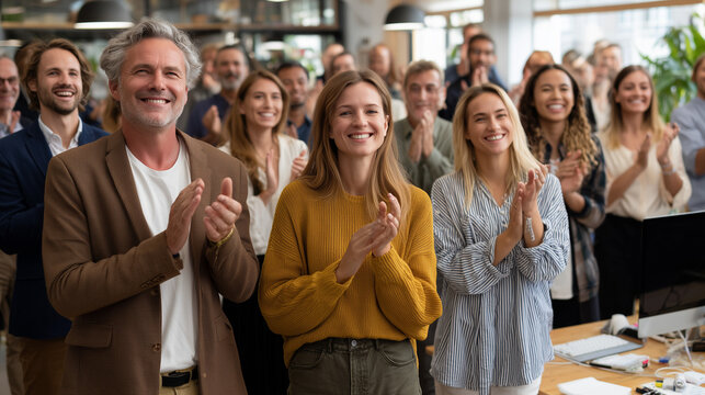  Large office team giving a standing ovation celebrating success.
