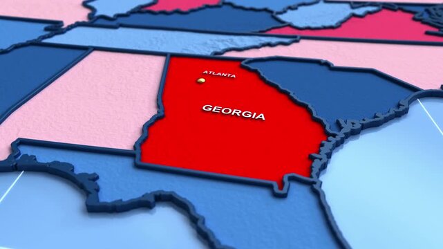 Looped 3D election map animation of the United States zooming into Georgia state, featuring red, blue, purple and green political outcome variations. 