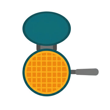 Open round waffle maker appliance with golden gridded food ready for breakfast cooking