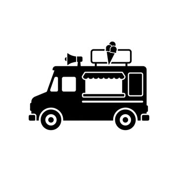Outline of an ice cream food truck with megaphone and serving window silhouette