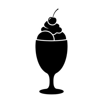 Outline drawing of ice cream sundae dessert with cherry topping in a tall glass dish