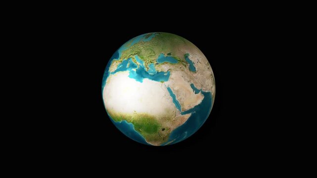 Rotating earth globe animation, spinning world planet, realistic global geography, 3D earth rotation, international map visualization, planetary orbit