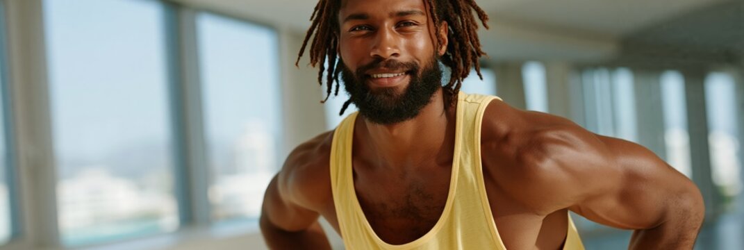 Smiling muscular man in yellow tank top for gym background banner fitness training and wellness promotion with athletic pose